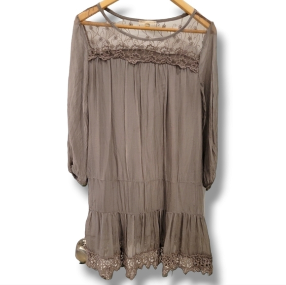 Prontomoda Giusy Hobo Toupe Silk And Lace Long Sleeve Mini Dress - Size Small - Picture 2 of 8